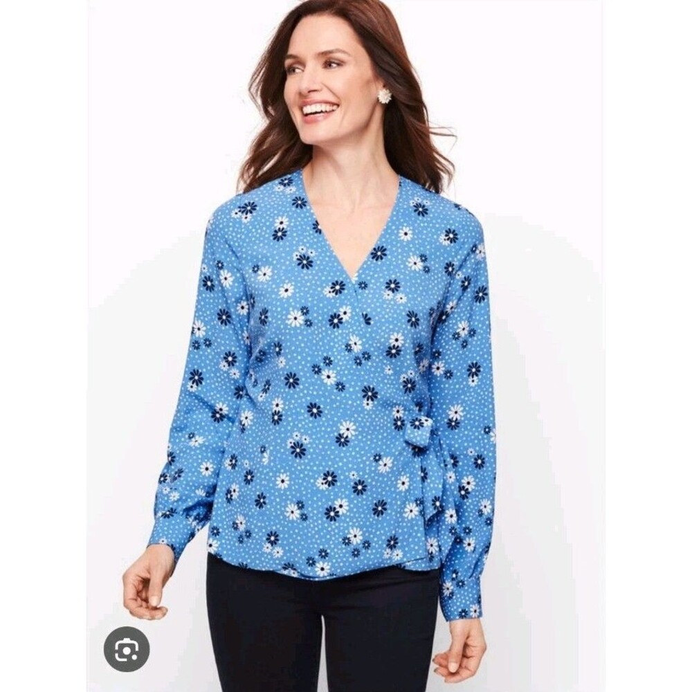 NWOT Talbots Sz S Wrap Top Poet Sleeve Side Tie Blue Floral Crepe Blouse 2361‎